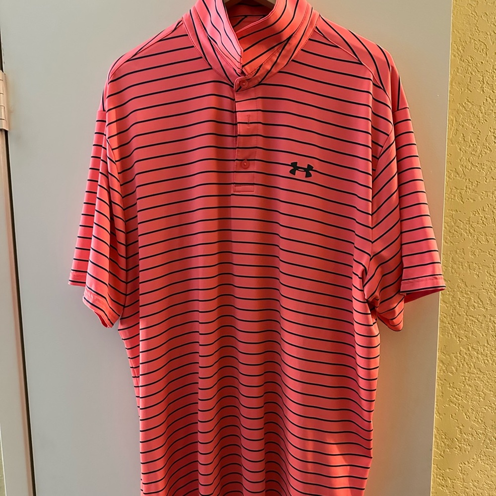 Pink striped under armour golf polo shirt